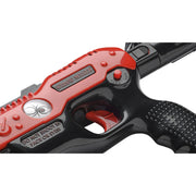 Close-up of a toy blaster gun with a red and black body, featuring a textured grip, trigger, and molded details on a white background.