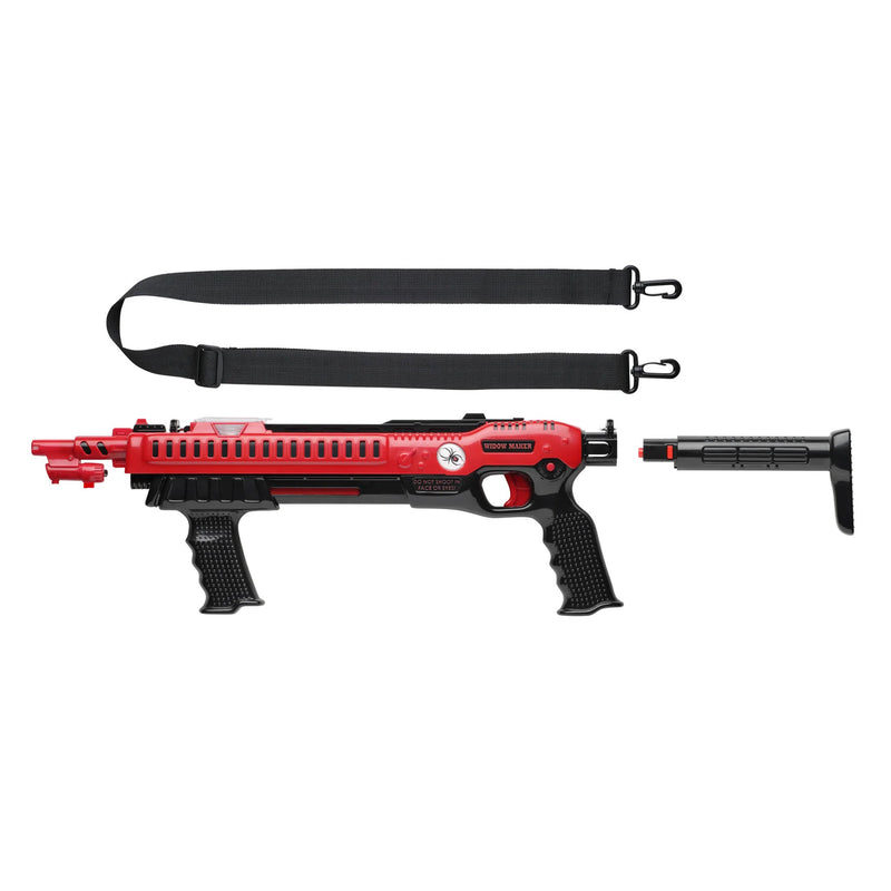 A red and black toy submachine gun style blaster shown with a detachable black stock and a black shoulder strap on a plain white background.