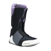 Black, purple, white and grey colored snow boots against a white background. 