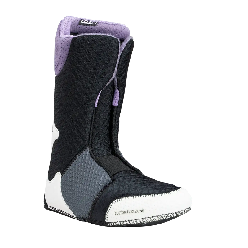 Black, purple, white and grey colored snow boots against a white background. 