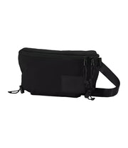 Black waist bag with a visible brand logo patch in monochrome black