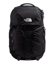 Front facing black backpack with The North Face logo against a white background. 