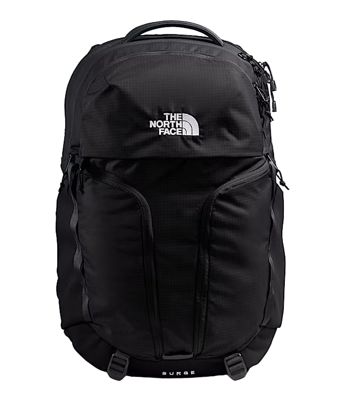 Front facing black backpack with The North Face logo against a white background. 