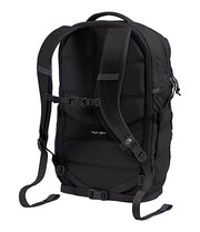 Back view of a black backpack against a white background. 