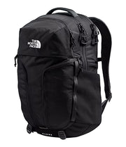Black backpack with The North Face logo against a white background. 