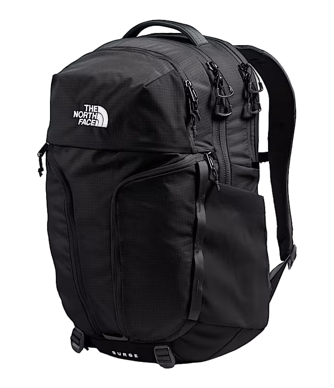 Black backpack with The North Face logo against a white background. 