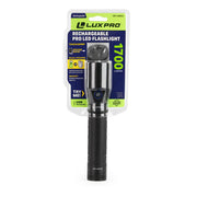 A black flashlight in packaging showcasing it's specs against a white background. 