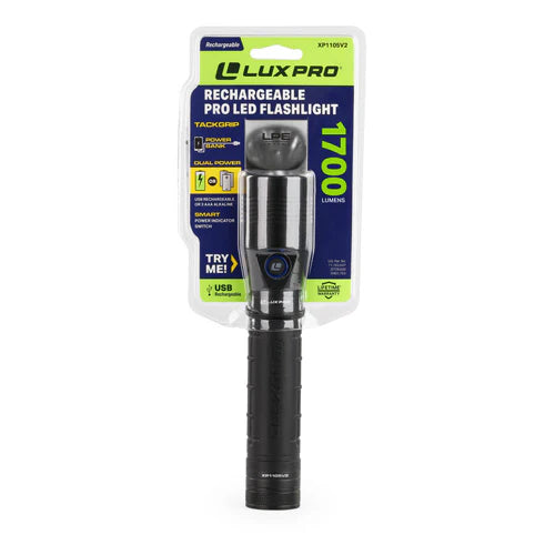 A black flashlight in packaging showcasing it's specs against a white background. 