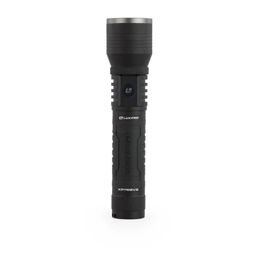 A black flashlight against a white background. 