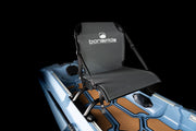 Gray fishing seat with 'bonafide' branding on a kayak against a black background