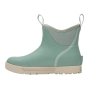 Mint green rain boot with beige sole on a white background