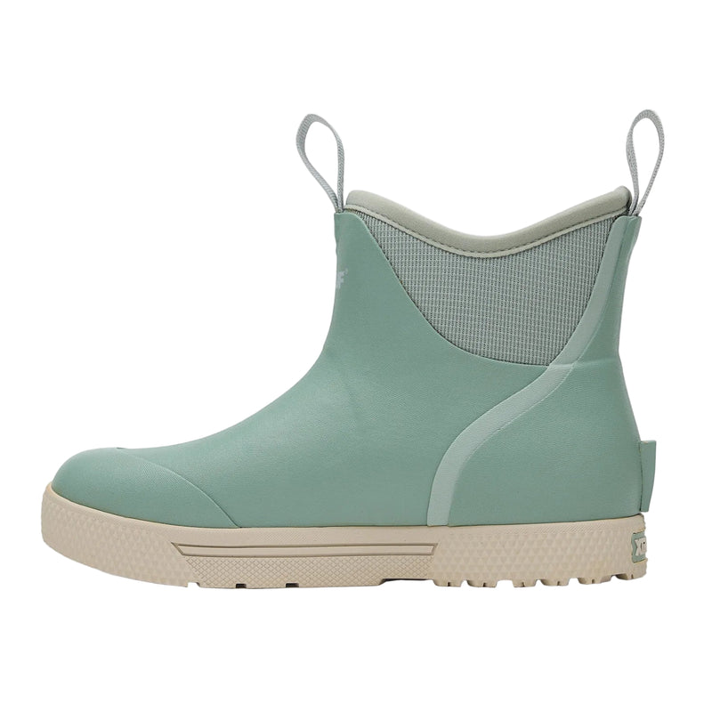 Mint green rain boot with beige sole on a white background