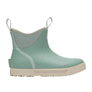 Mint green rain boot with a white sole on a white background