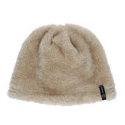 Sand brown colored fur beanie against a white background. 