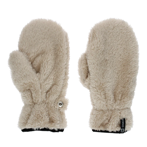 Top and bottom view of a pair of sand brown fur mittens against a white background. 