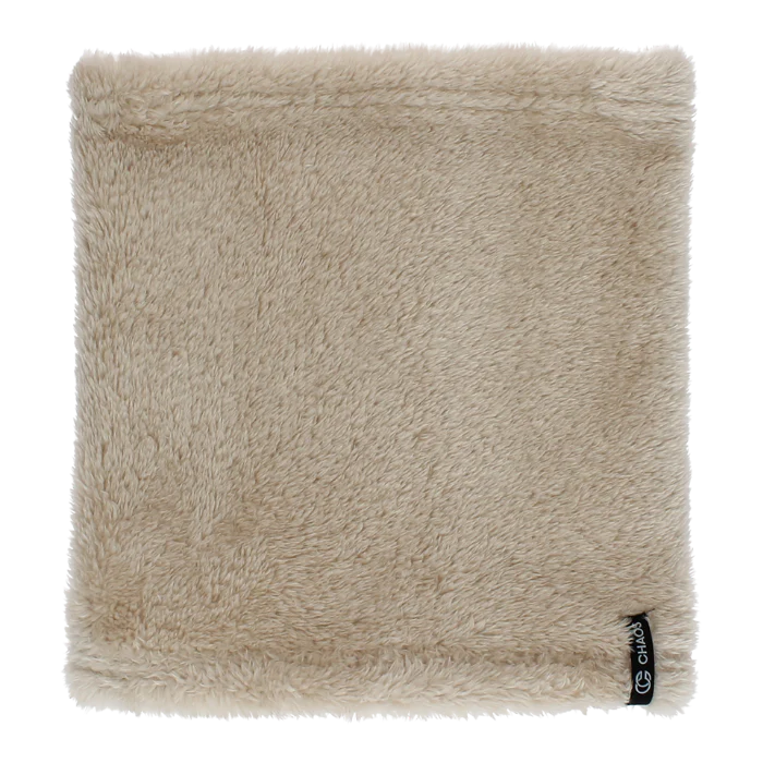 Sand brown fuzzy neck tube against a white background. 