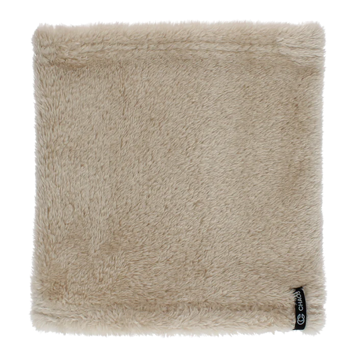 Sand brown fuzzy neck tube against a white background. 