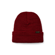 Red beanie with a tan Filson logo on it against a white background. 