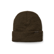Olive colored beanie with a tan Filson logo against a white background. 