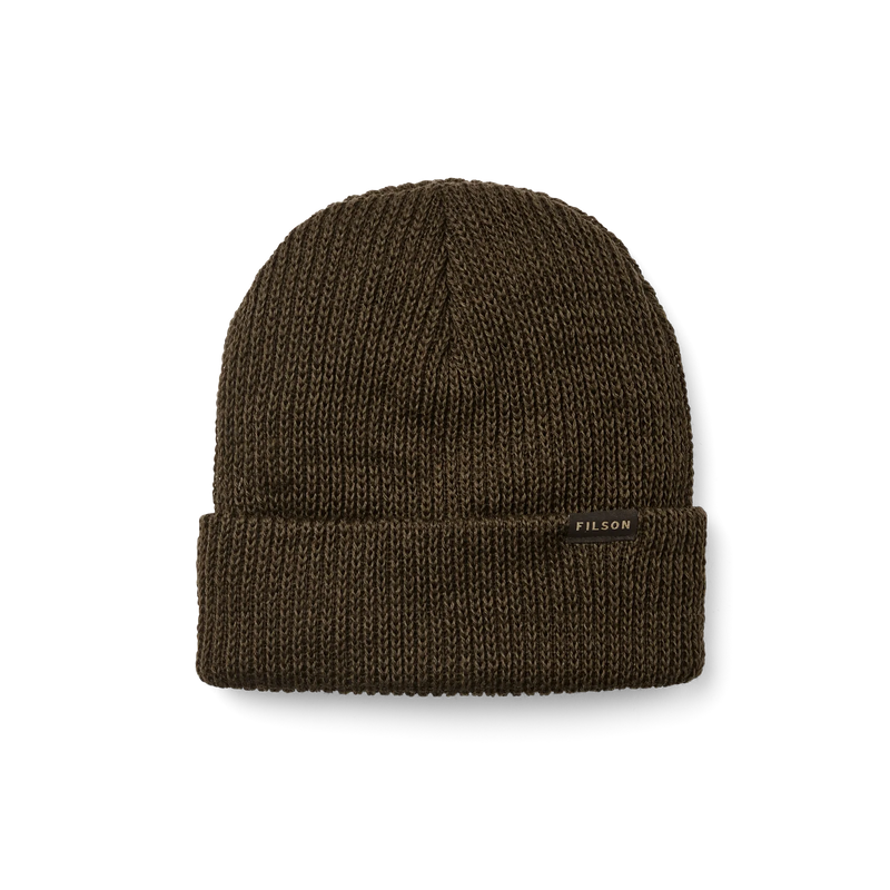 Olive colored beanie with a tan Filson logo against a white background. 
