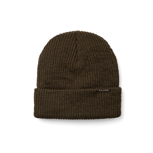 Olive colored beanie with a tan Filson logo against a white background. 