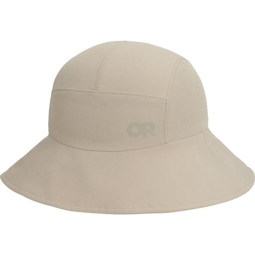 A light beige outdoor bucket hat with a subtle tonal logo on the front, shown against a plain white background.