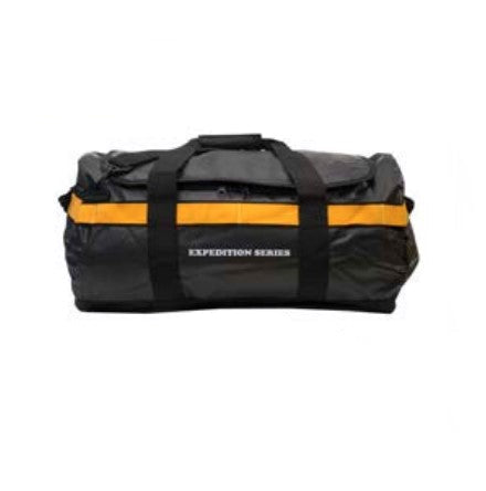 Two duffel bags, one black with orange stripe and one gray with 'WIFS' logo, on a white background.