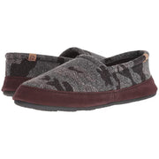 A gray slipper with a camouflage pattern with a maroon bottom on a white background