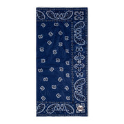 Navy neck gaiter with a white paisley pattern on a white background.