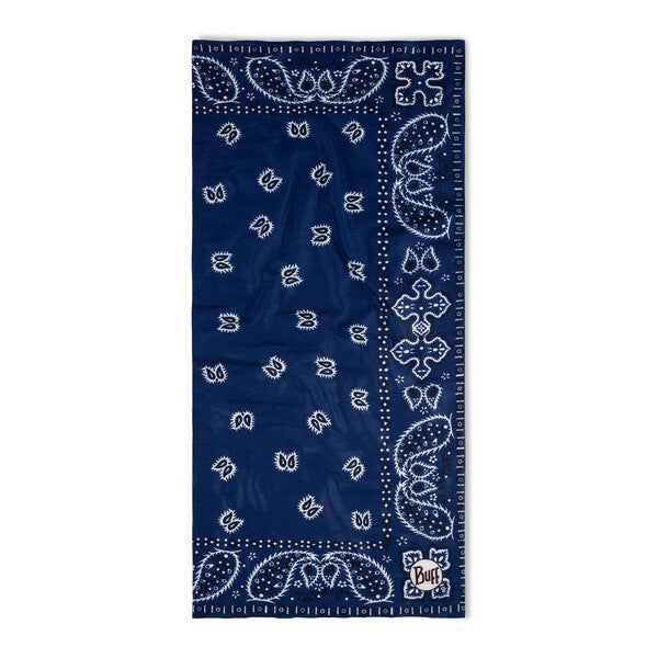 Navy neck gaiter with a white paisley pattern on a white background.