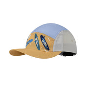 Multicolored cap with a beige brim, light blue top, and gray mesh back on a white background