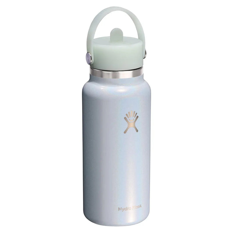 A Hydro Flask insulated water bottle with a pearlescent light blue body, a pale mint green lid and carrying loop, and a silver metal collar, shown on a plain white background.