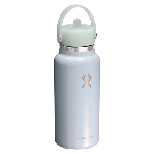 A Hydro Flask insulated water bottle with a pearlescent light blue body, a pale mint green lid and carrying loop, and a silver metal collar, shown on a plain white background.