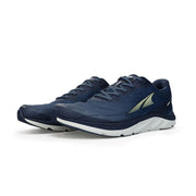 A pair of blue running shoes with white bottoms on a white background
