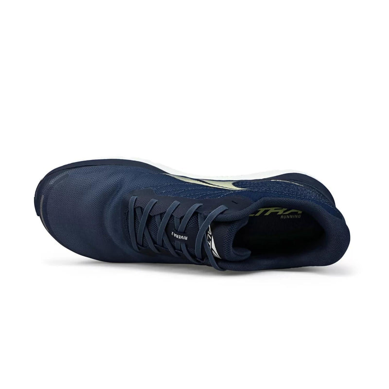 A blue running shoe from above on a white background