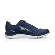 A blue running shoe with a white bottom on a white background