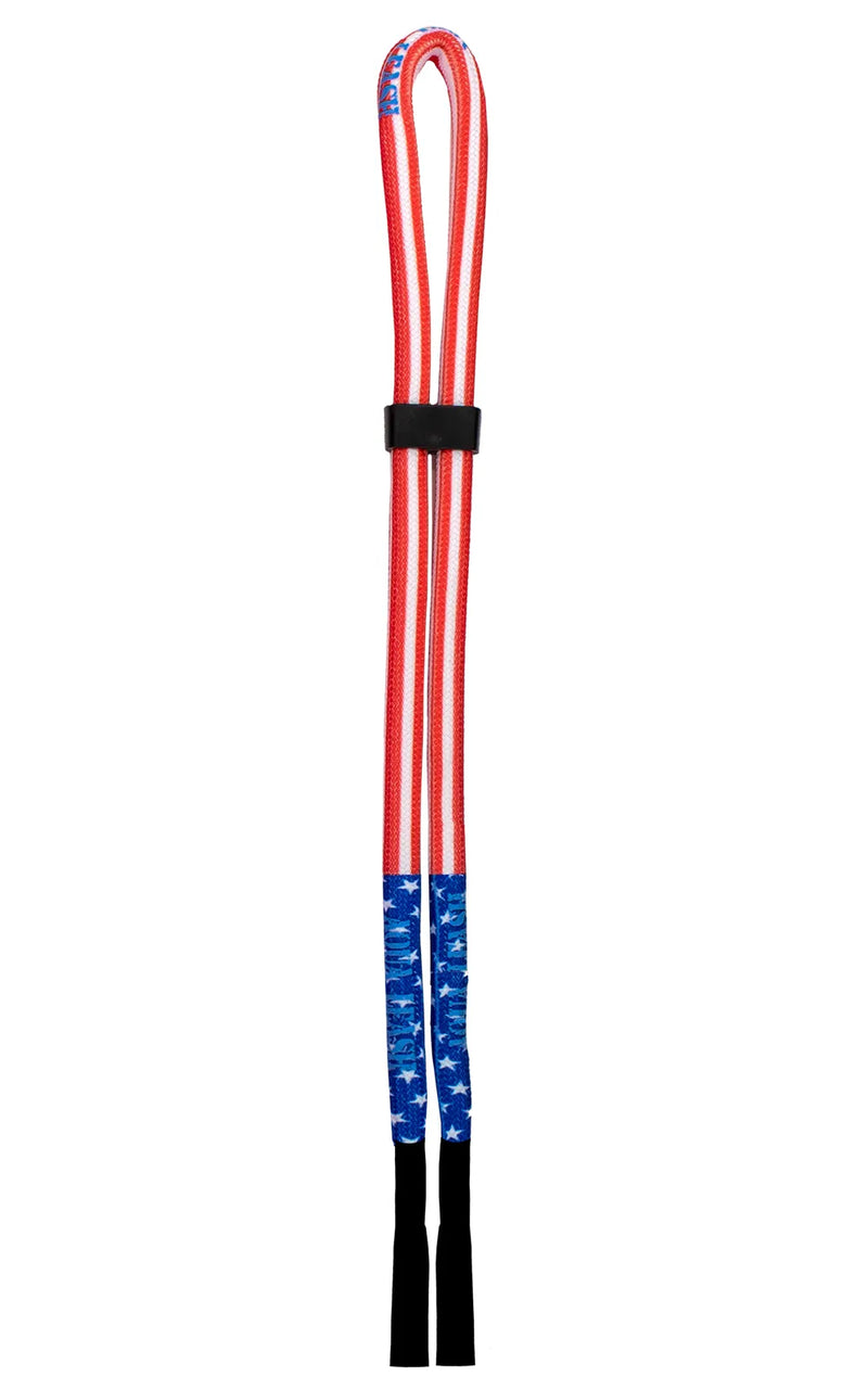 Red, white, and blue colored waterproof leash against a white background. 