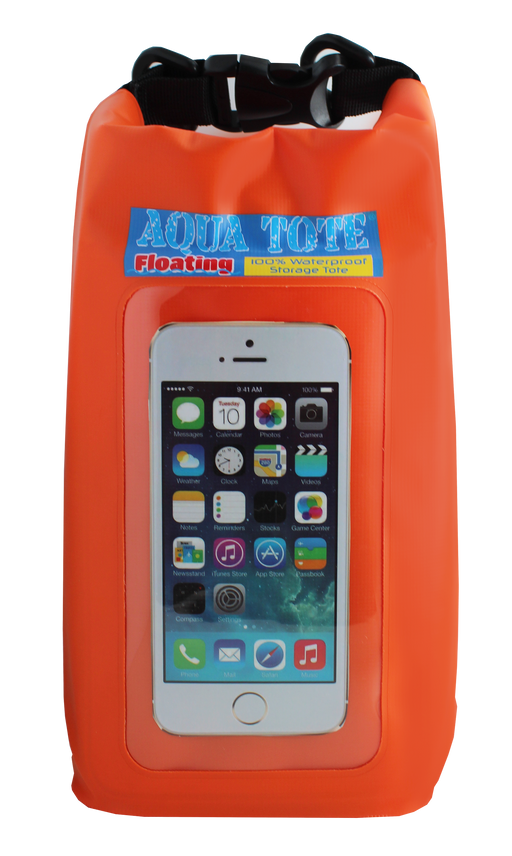 Large orange waterproof tote against a white background. 