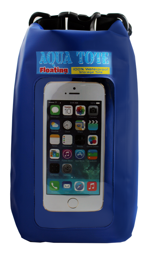 Large blue waterproof tote against a white background. 