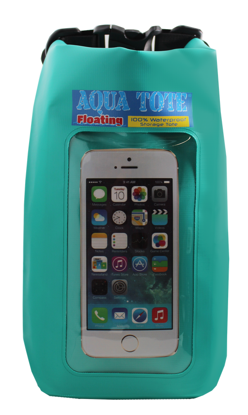 Large teal colored waterproof tote against a white background. 