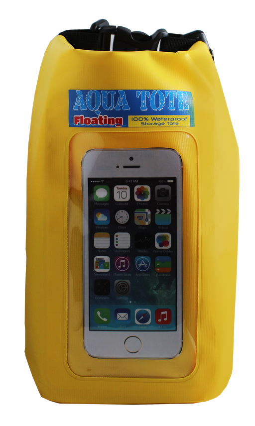 Large yellow waterproof tote against a white background. 