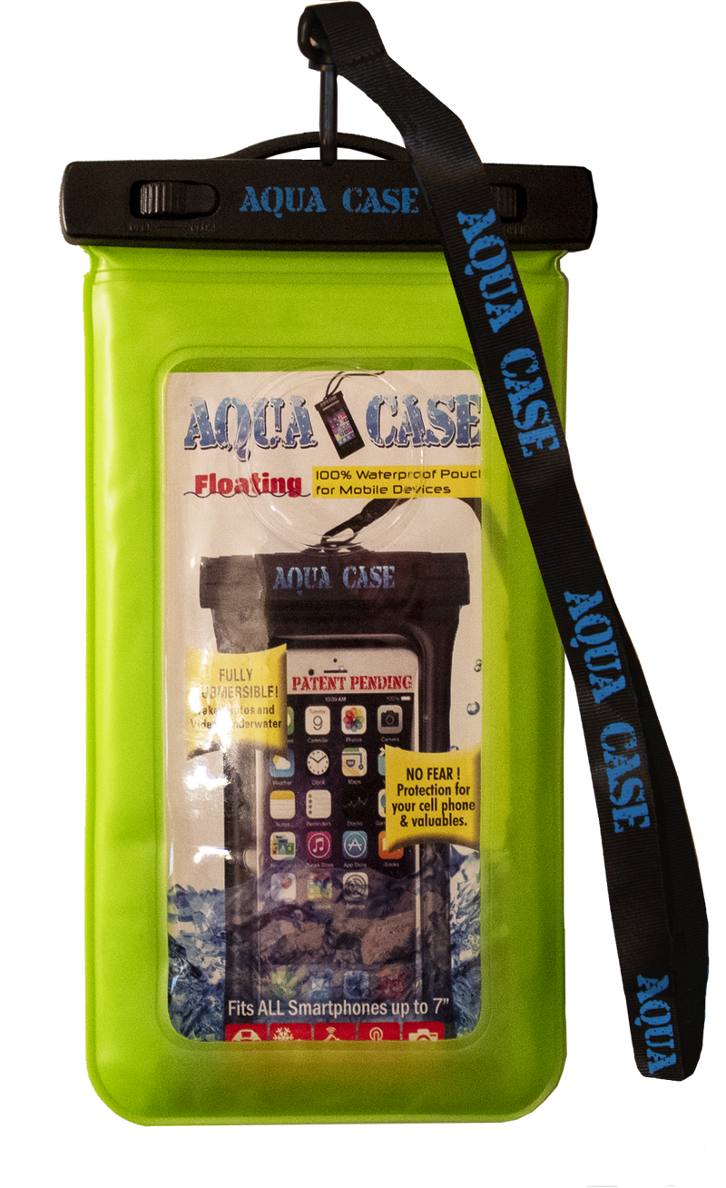 Neon green colored waterproof phone case against a white background. 
