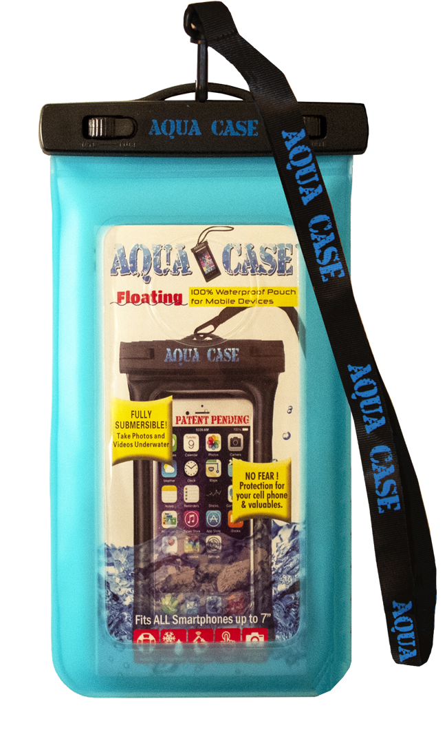 Light blue colored waterproof phone case against a white backdrop.