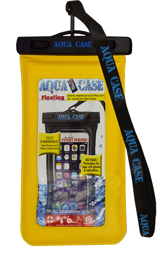 Yellow waterproof phone case against a white background. 