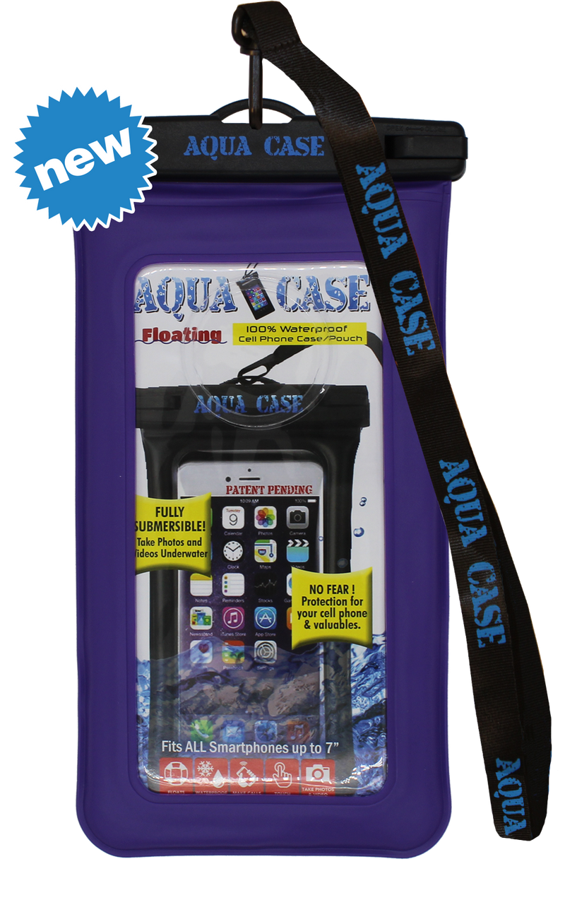 Purple waterproof phone case against a white background. 