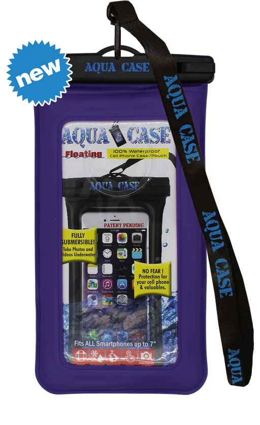 Purple waterproof phone case against a white background. 