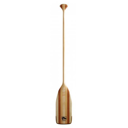 Back view of a wooden canoe paddle on a white background.