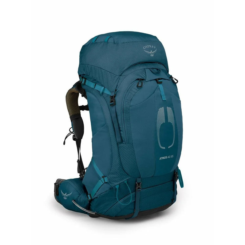 The back of a blue hiking backpack on a white background