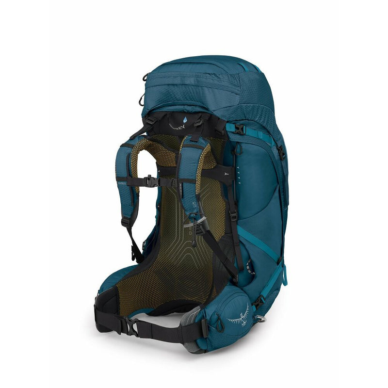 The front of a blue hiking backpack on a white background