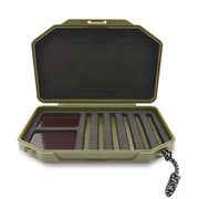 An olive green hard plastic carrying case shown open on a white background, with a black foam interior and several compartments, including two dark rectangular panels and a coiled cord attached on the right side.